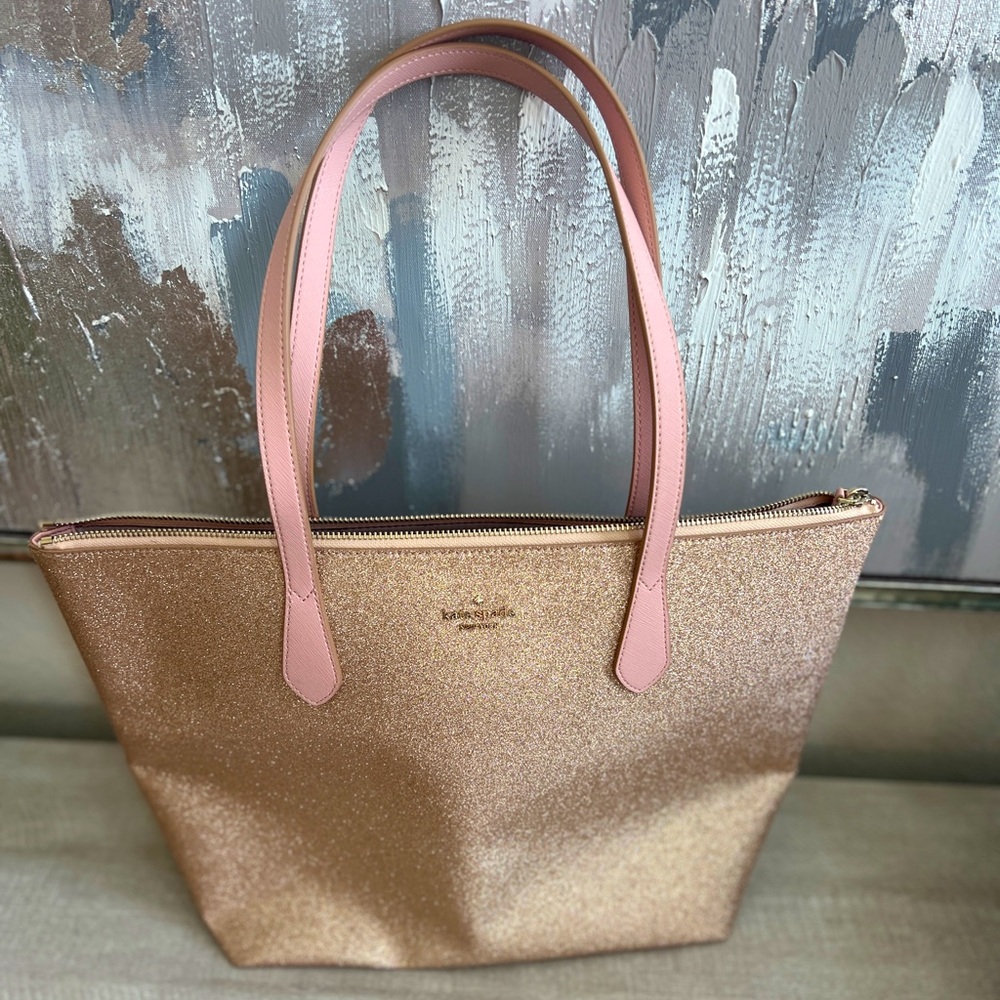 Kate Spade pale pink glimmer leather tote bag NWT